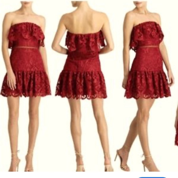 Monique Lhuillier Strapless Red Lace Cocktail Mini Dress | 6 - Picture 2 of 8